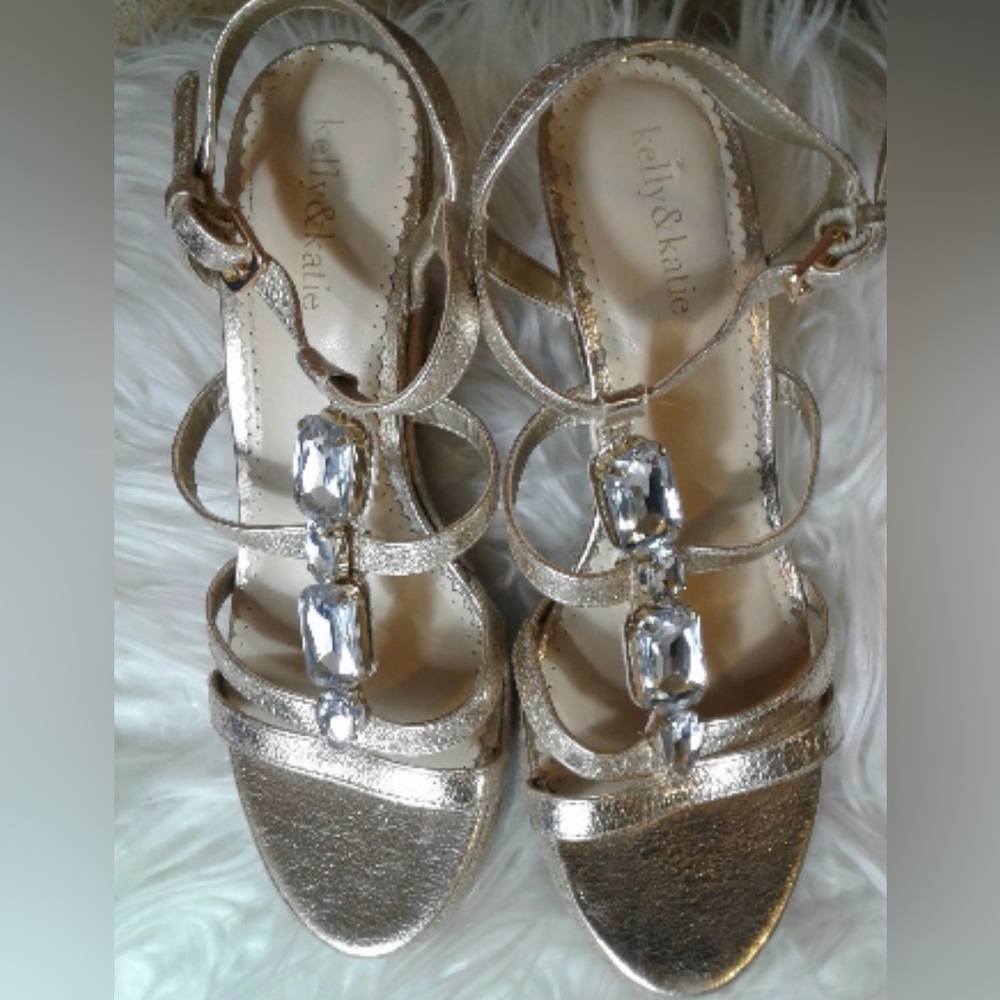 Kelly & Katie Metallic Bronze Jeweled Strappy Wedge Sandals